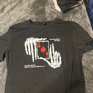 SHEIN Black Tee with Skeleton Card Design
